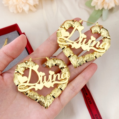 Double Heart Nameplate Personalized Necklace and Bamboo Earrings Set