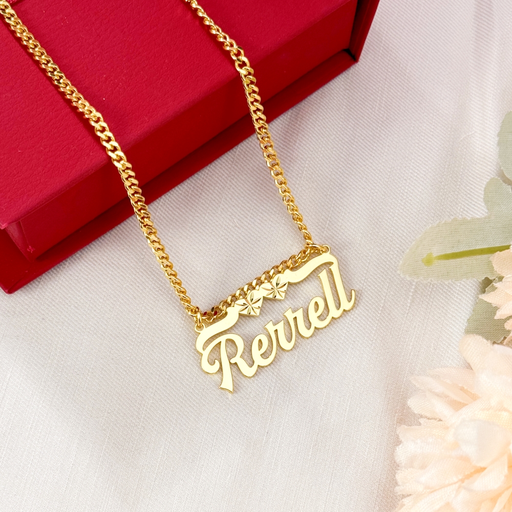 Double Heart Nameplate Personalized Necklace and Bamboo Earrings Set