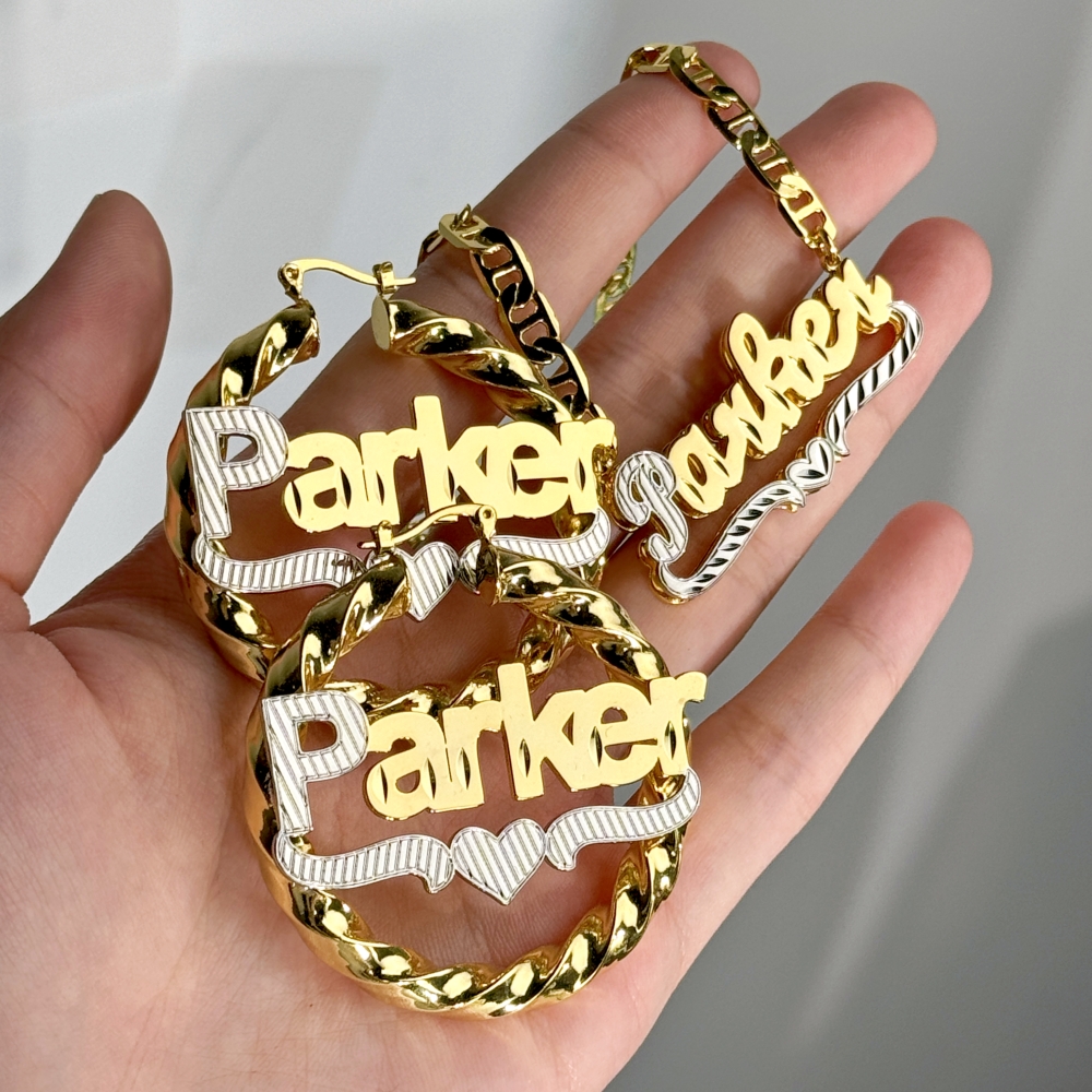 Heart Set Custom Double Plate Two Tone Necklace And Hoop Name Earrings