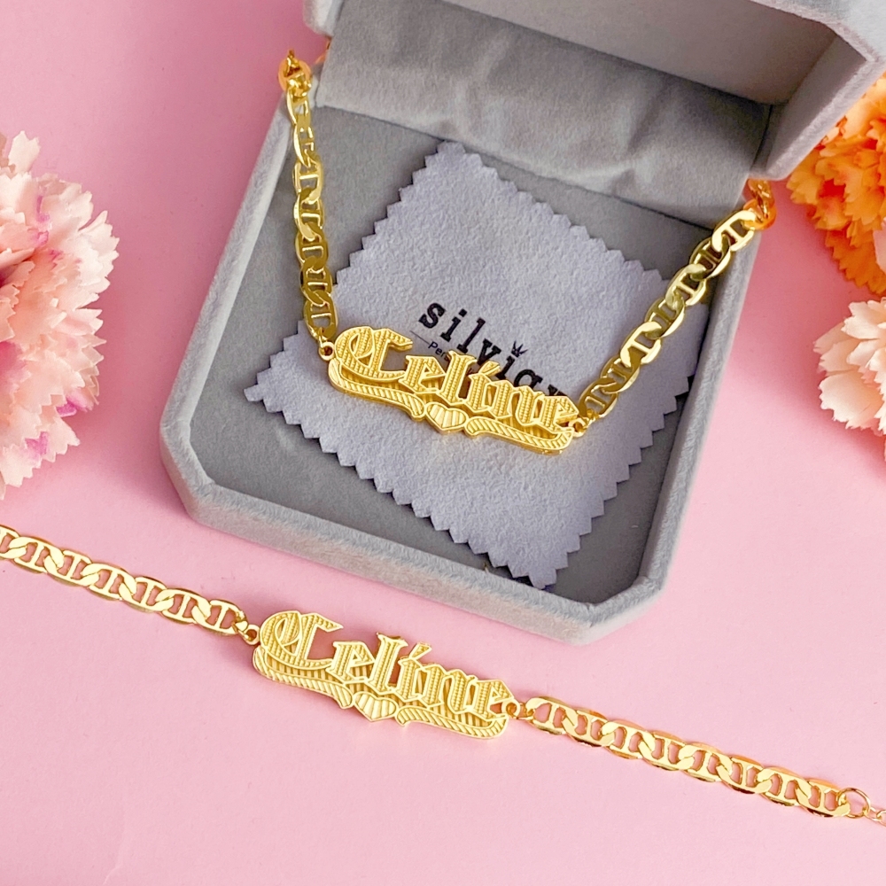 Custom Double Plate Old English Heart Name Necklace Bracelet Set