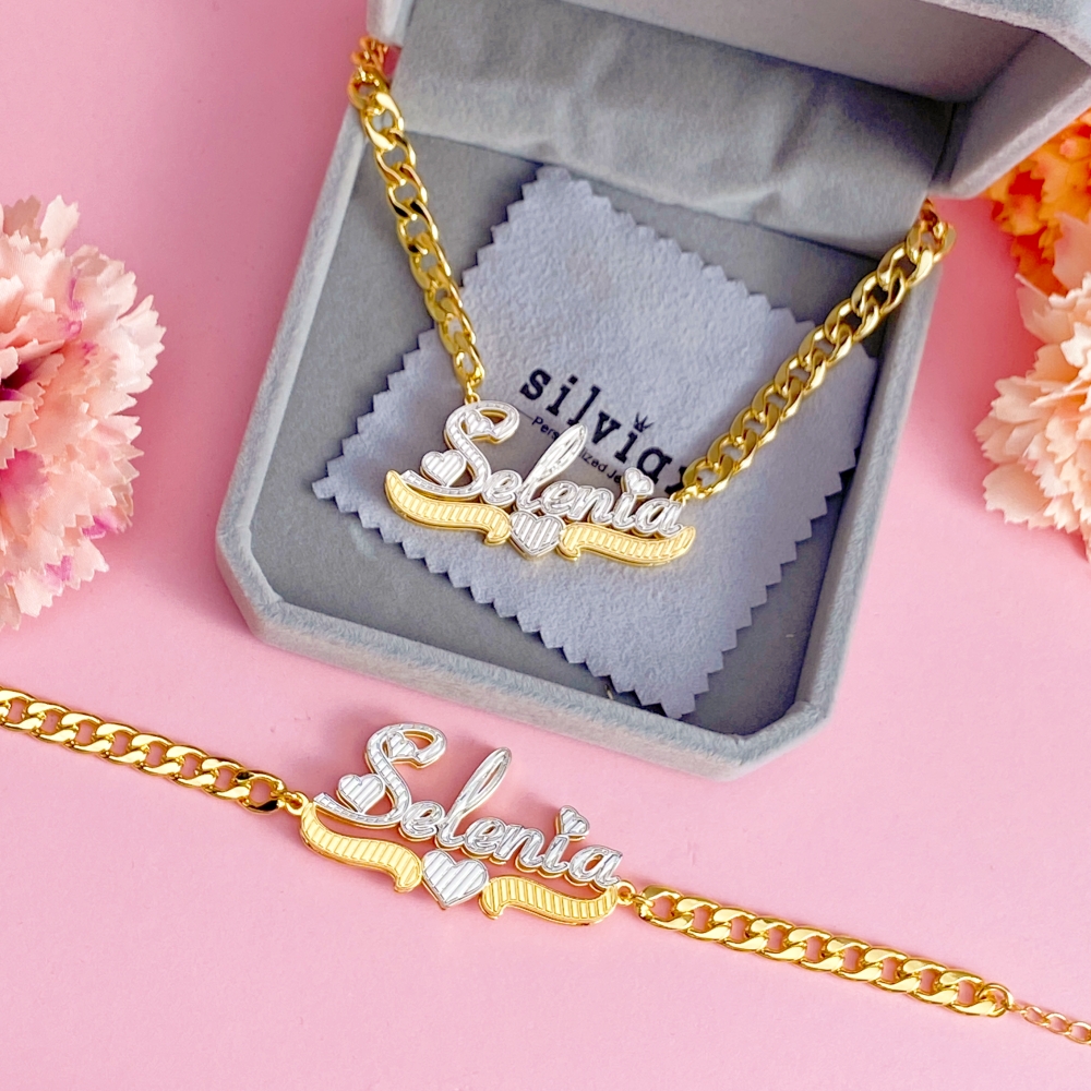 Personalized Two Tone Diamond Cut 3D Heart Name Necklace and Bracelet Set