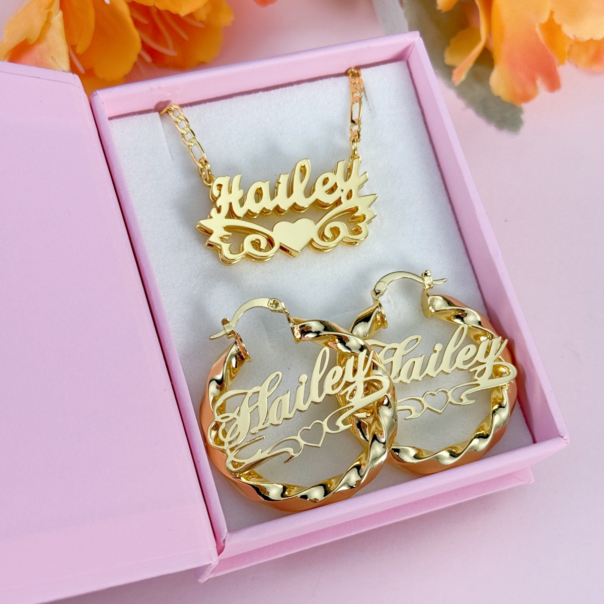 Personalized Double Plate Angel Wings Name Necklace and Twist Hoop Earrings Set