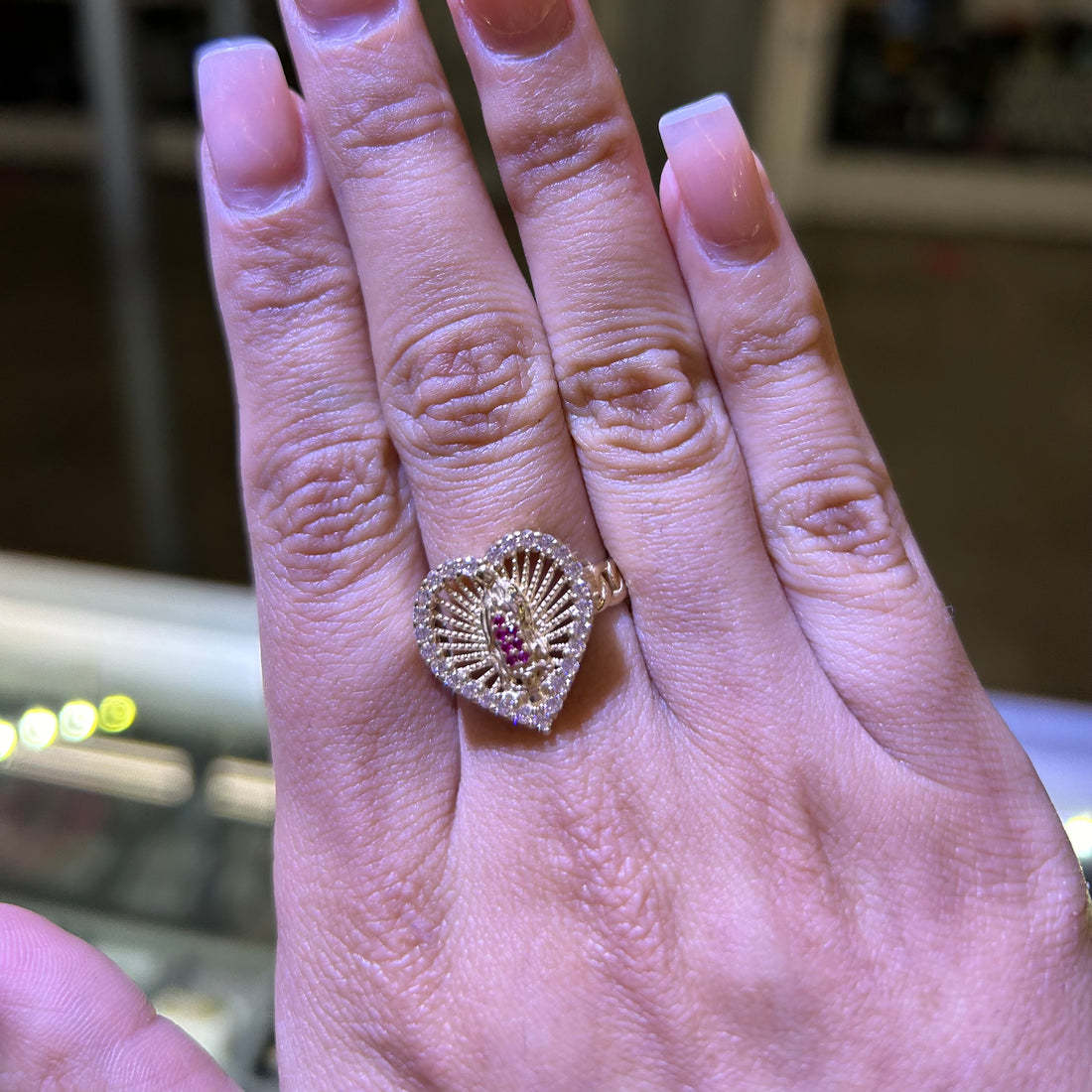 Virgin Mary Heart Ring with Ruby and White Cubics Gold Plated Ring