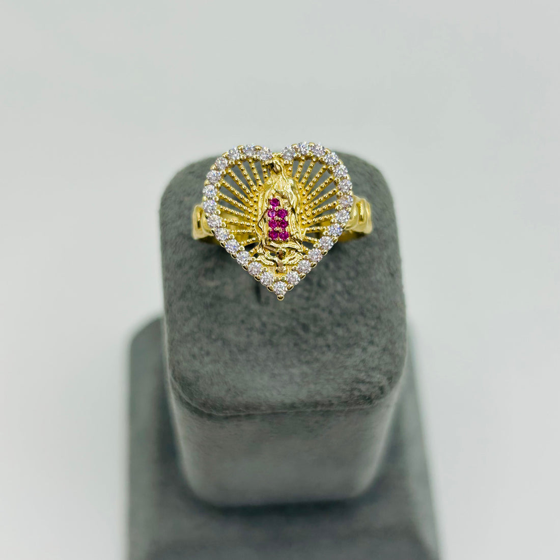 Virgin Mary Heart Ring with Ruby and White Cubics Gold Plated Ring