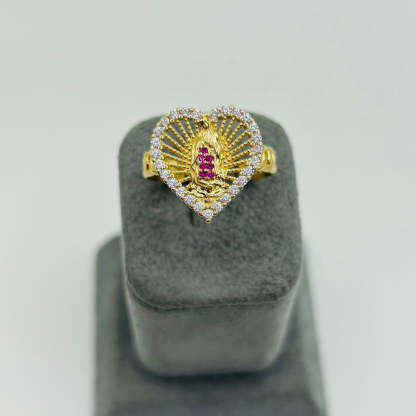 Virgin Mary Heart Ring with Ruby and White Cubics Gold Plated Ring