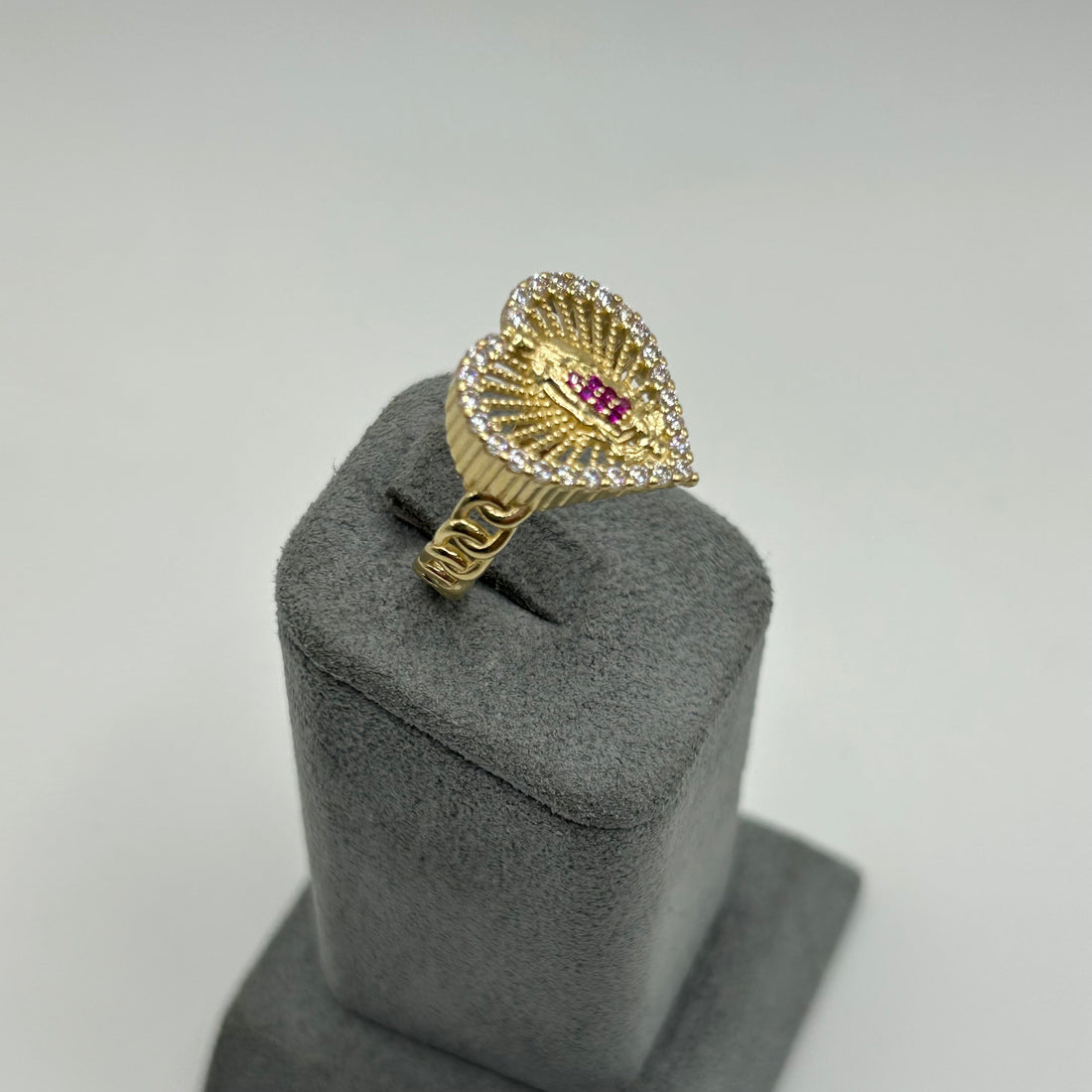 Virgin Mary Heart Ring with Ruby and White Cubics Gold Plated Ring