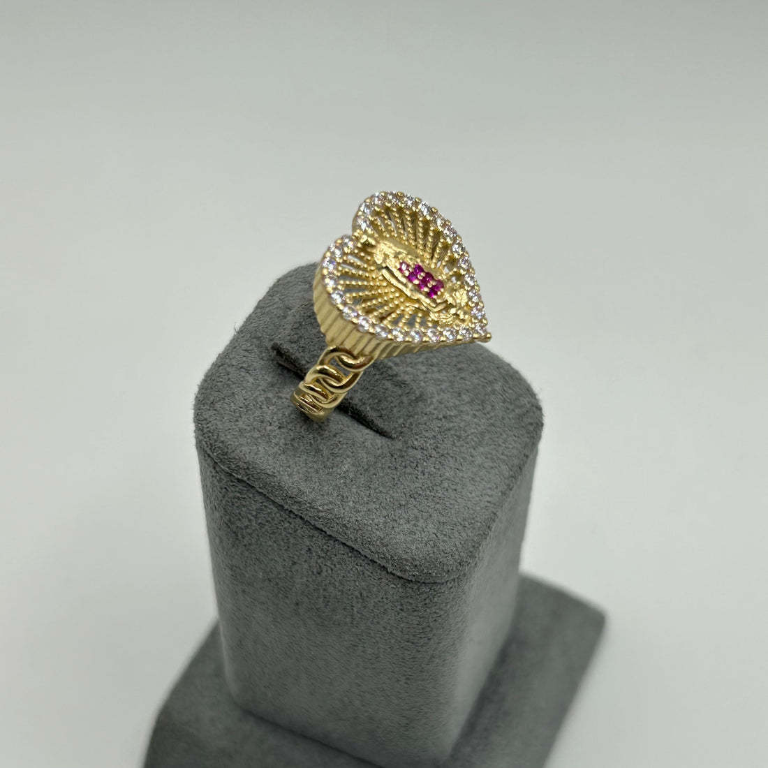 Virgin Mary Heart Ring with Ruby and White Cubics Gold Plated Ring