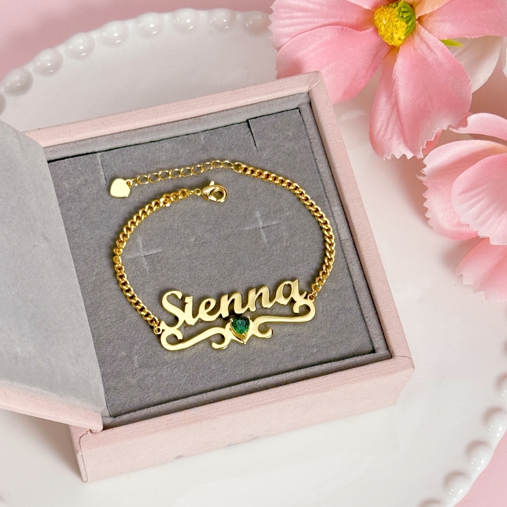 Personalized Heart Birthstone Nameplate Necklace Bracelet Set
