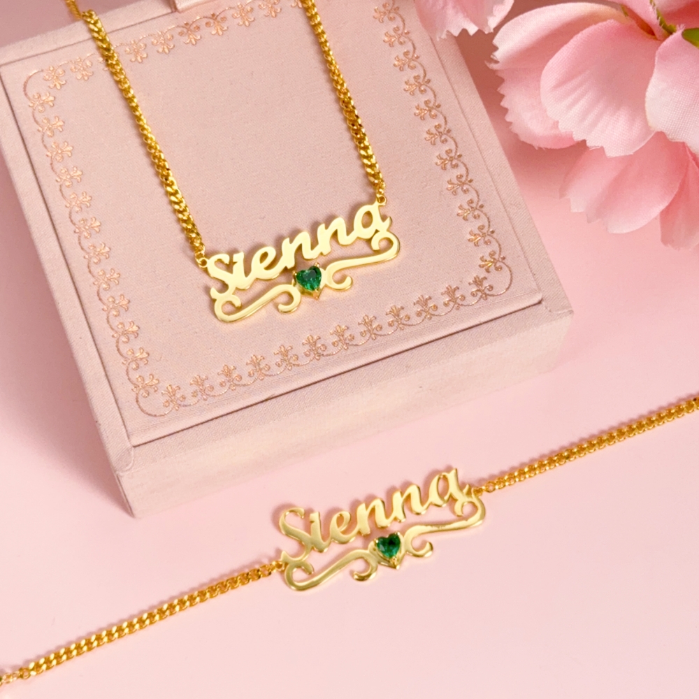 Personalized Heart Birthstone Nameplate Necklace Bracelet Set