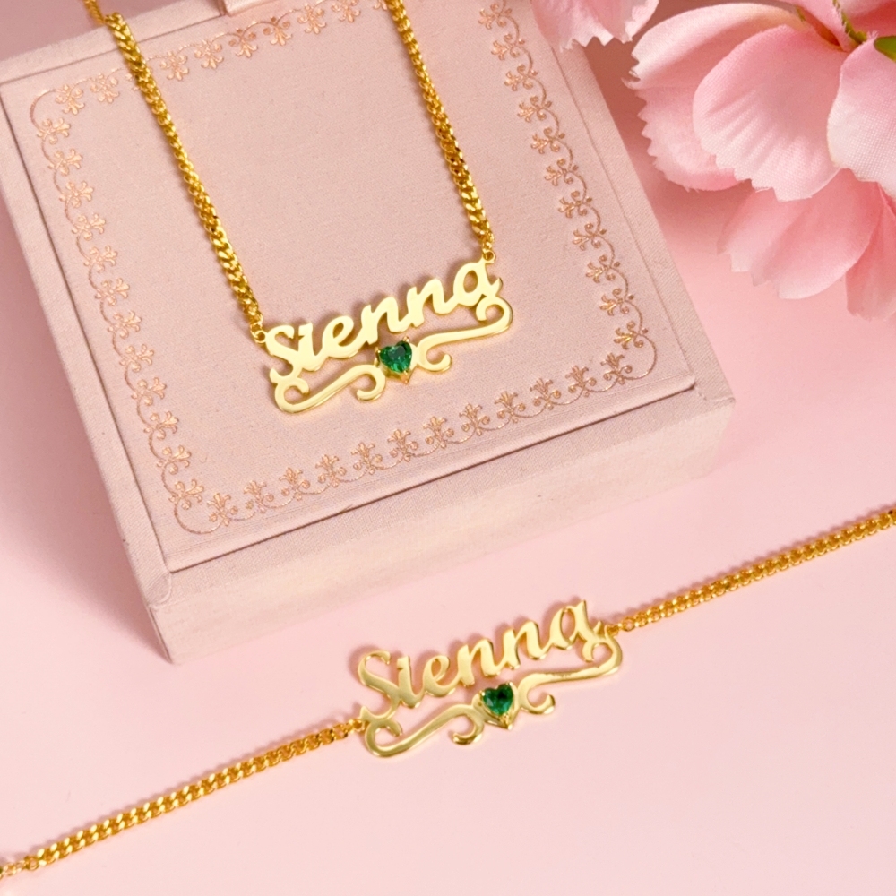 Personalized Heart Birthstone Nameplate Necklace Bracelet Set