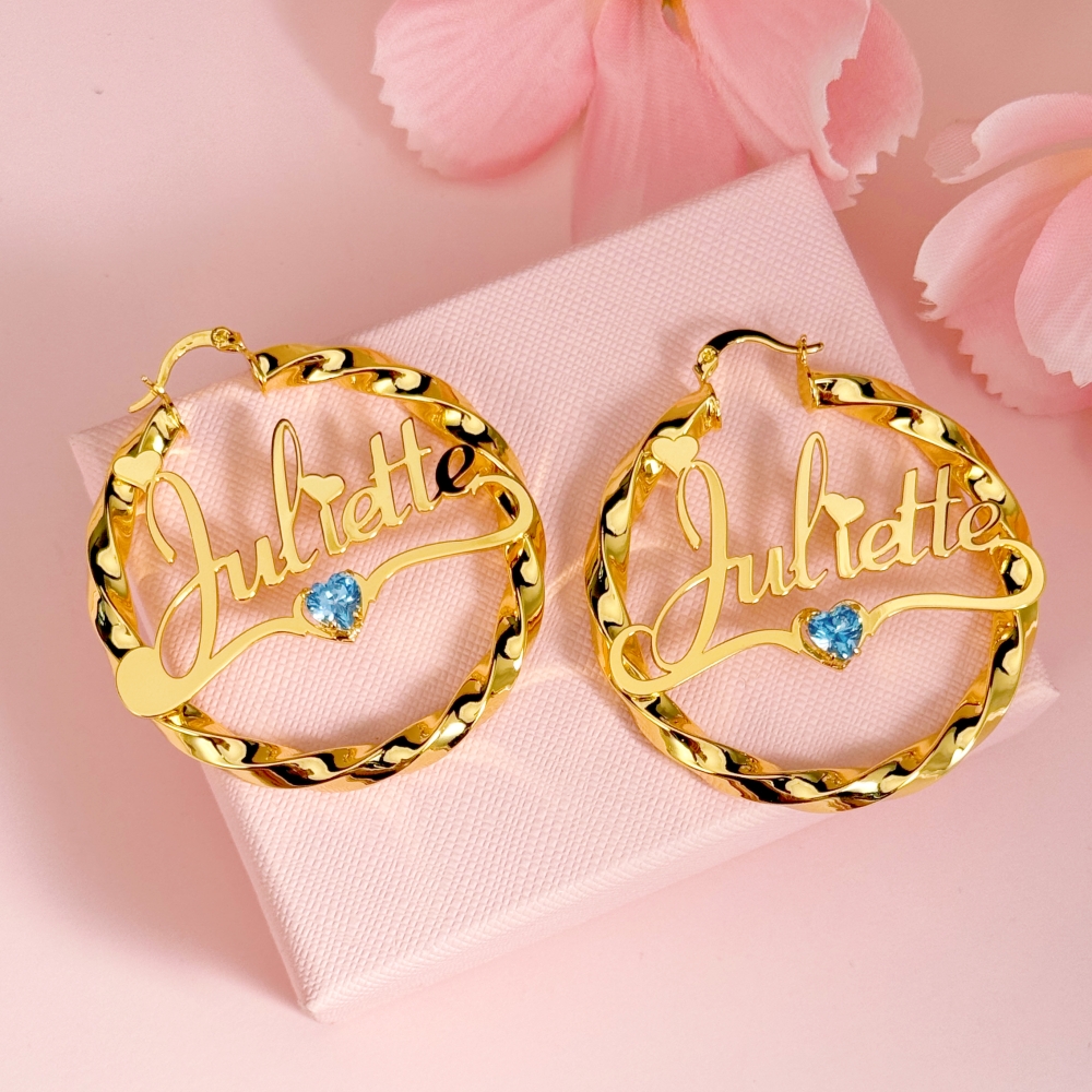 Custom Twist Hoop Heart Birthstone Nameplate Earrings