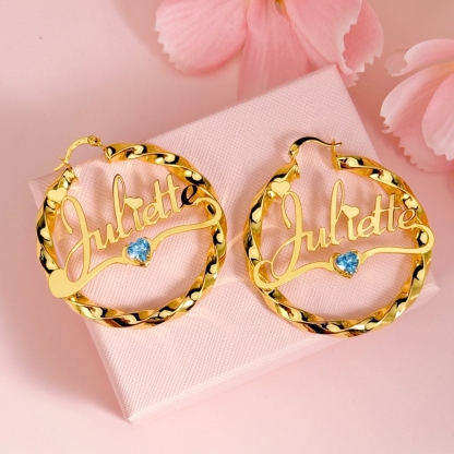 Custom Twist Hoop Heart Birthstone Nameplate Earrings