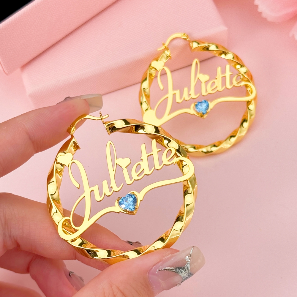 Custom Twist Hoop Heart Birthstone Nameplate Earrings
