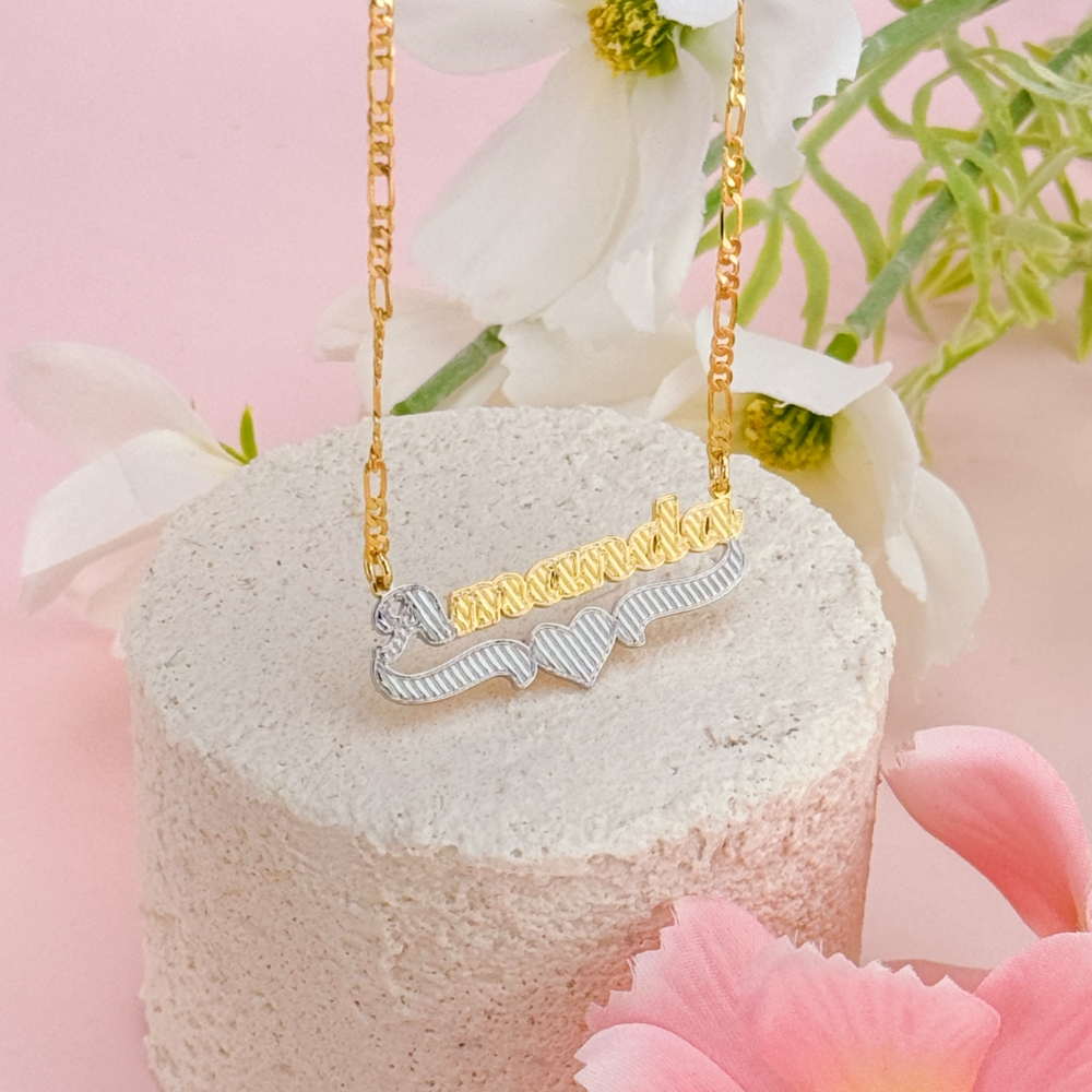 Custom Two Tone Diamond Cut Heart Name Necklace