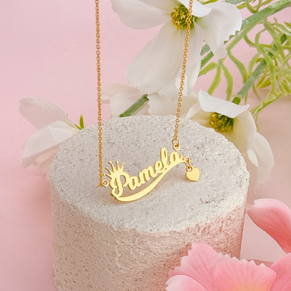 Custom Personalized Crown Nameplate Necklace with Underline Heart Pendant