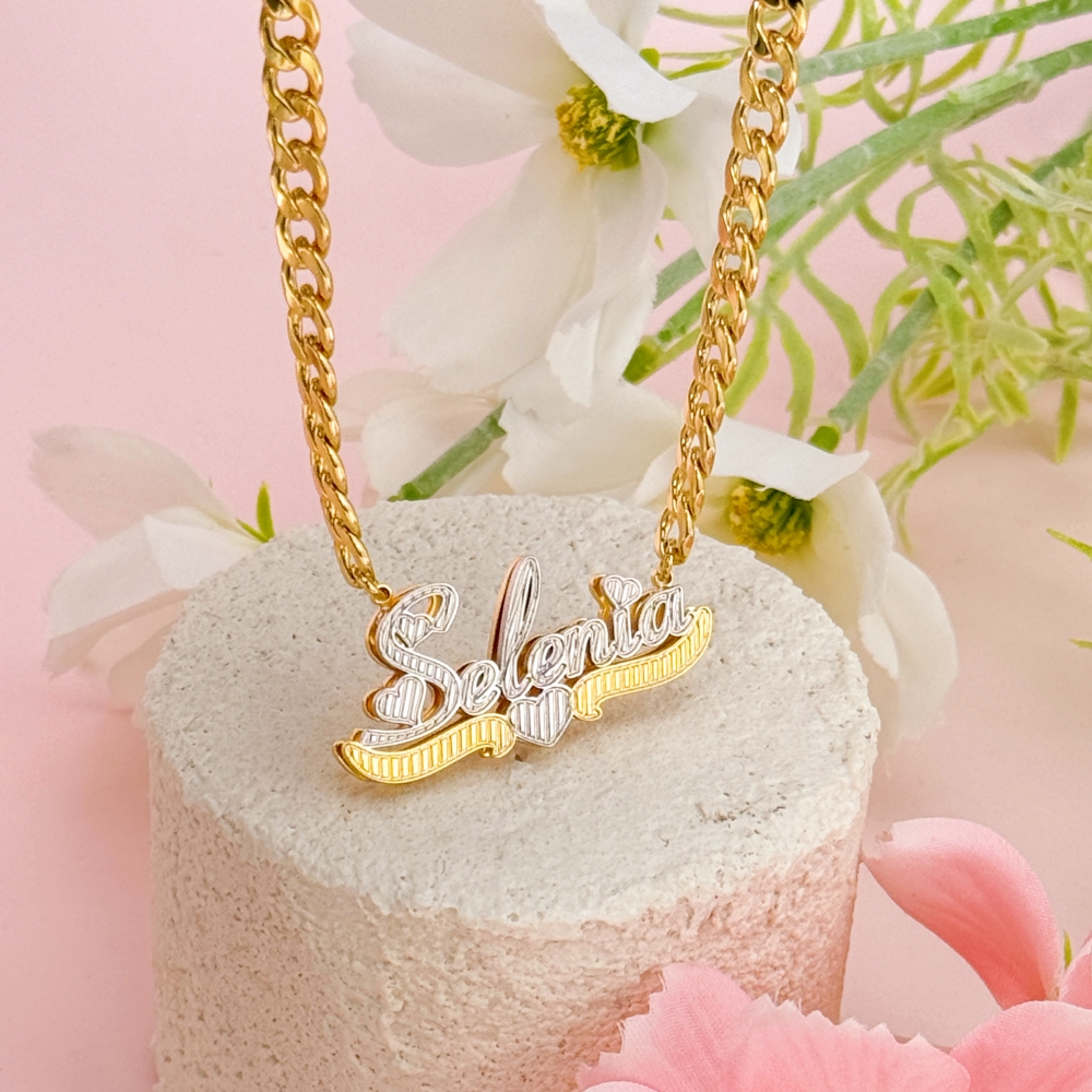 Custom Two Tone Double Plate 3D Heart Name Necklace