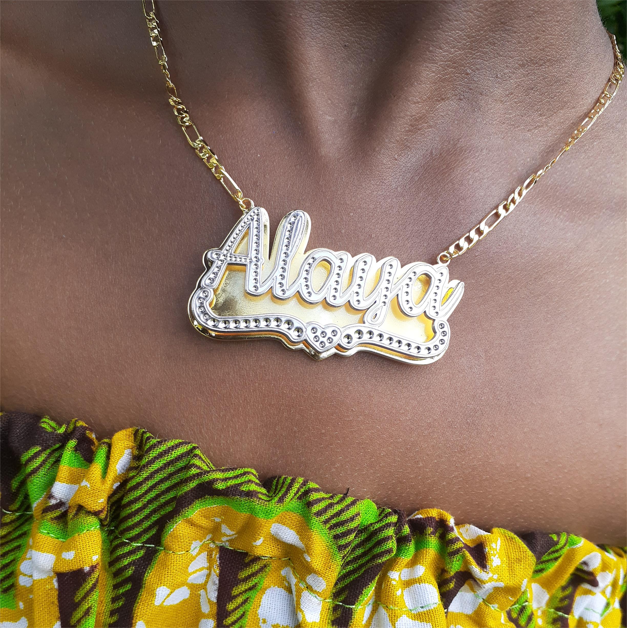 Double Plate Two Tone with Heart Personalized Custom Gold Plated Name Necklace
