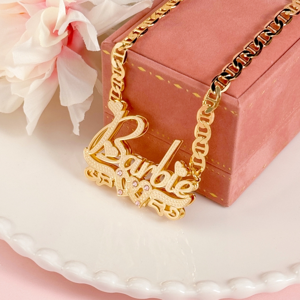 Double Layer Two Heart with Pink Zircon Personalized Custom 3D Name Necklace