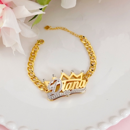Cuban Chain Double Layer Two Tone Crown Heart Personalized Custom Gold Plated Name Bracelet