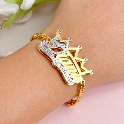 Cuban Chain Double Layer Two Tone Crown Heart Personalized Custom Gold Plated Name Bracelet