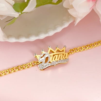 Cuban Chain Double Layer Two Tone Crown Heart Personalized Custom Gold Plated Name Bracelet