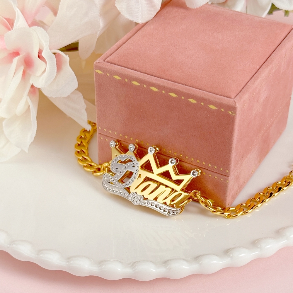 Cuban Chain Double Layer Two Tone Crown Heart Personalized Custom Gold Plated Name Bracelet