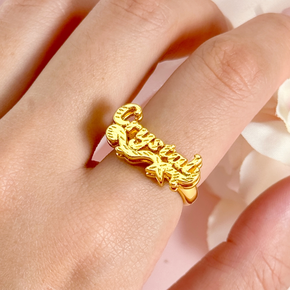Nameplate Cut Double Layer Custom Name Ring Gold Plated