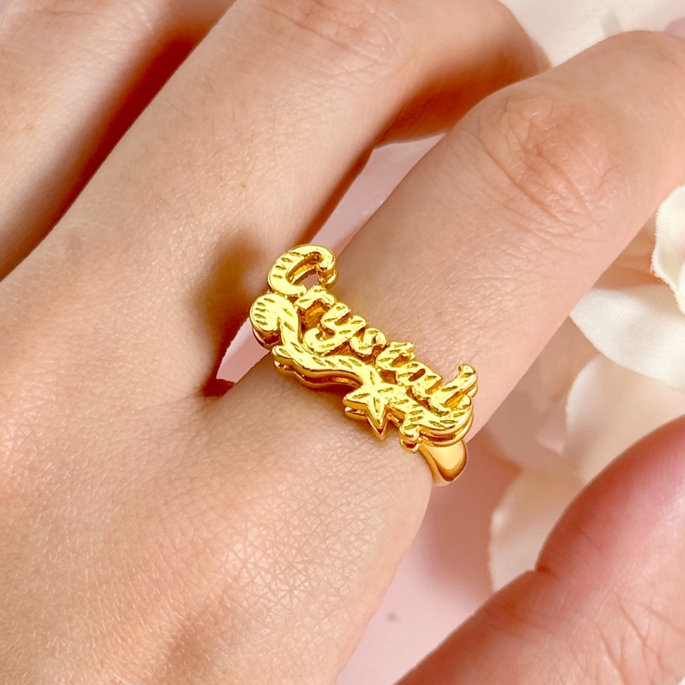 Nameplate Cut Double Layer Custom Name Ring Gold Plated