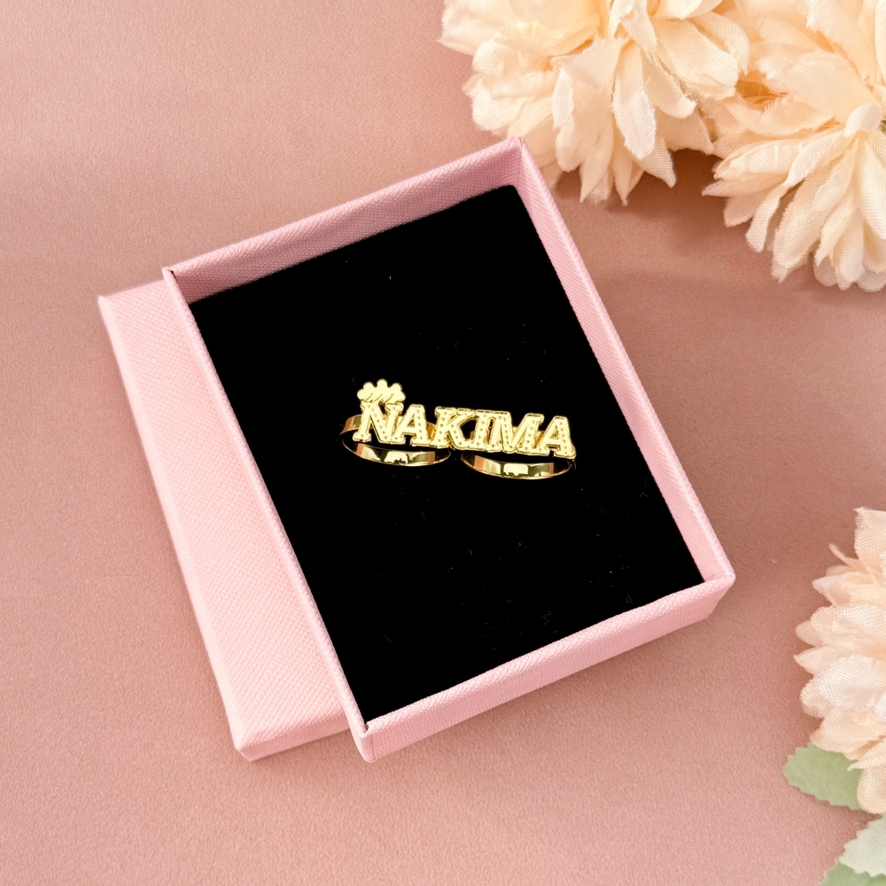 Two Finger Ring Custom Gold Plated Crown Name Ring