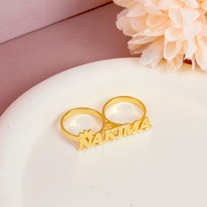 Two Finger Ring Custom Gold Plated Crown Name Ring