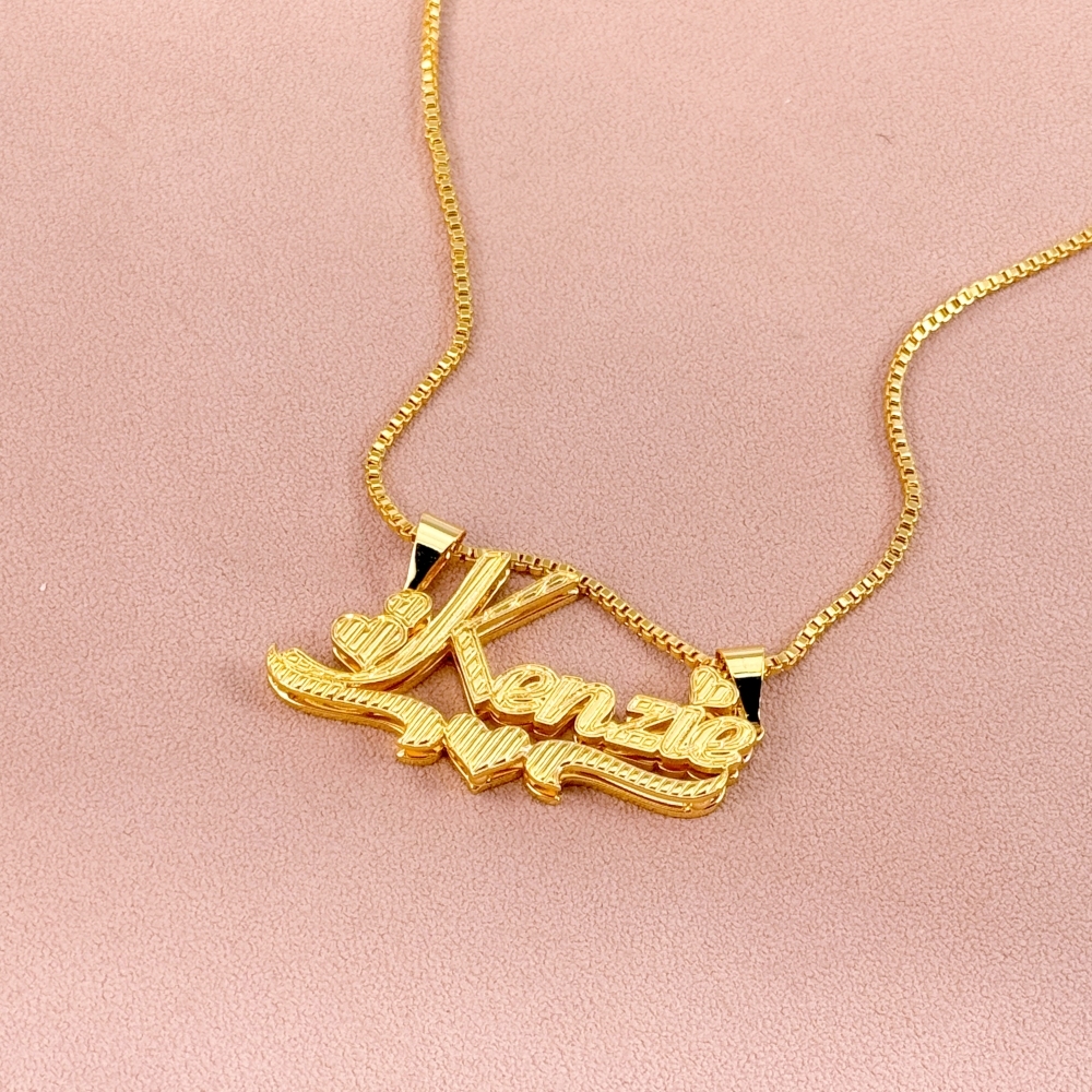 Custom Box Chain Double Layer Diamond Cut Hearts Name Necklace