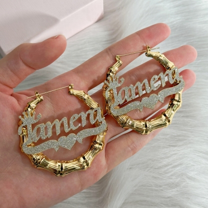 Bling Crown Heart Nameplate Custom Bamboo Name Earrings Gold Plated