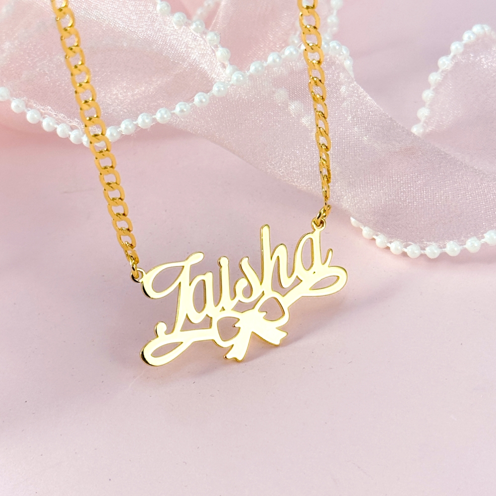 Personalized Gold Plated Bowtie Nameplate Necklace For Girls