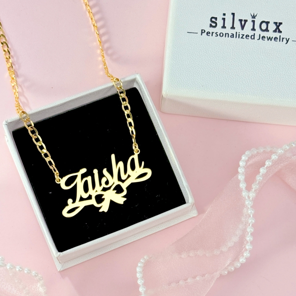 Personalized Gold Plated Bowtie Nameplate Necklace For Girls