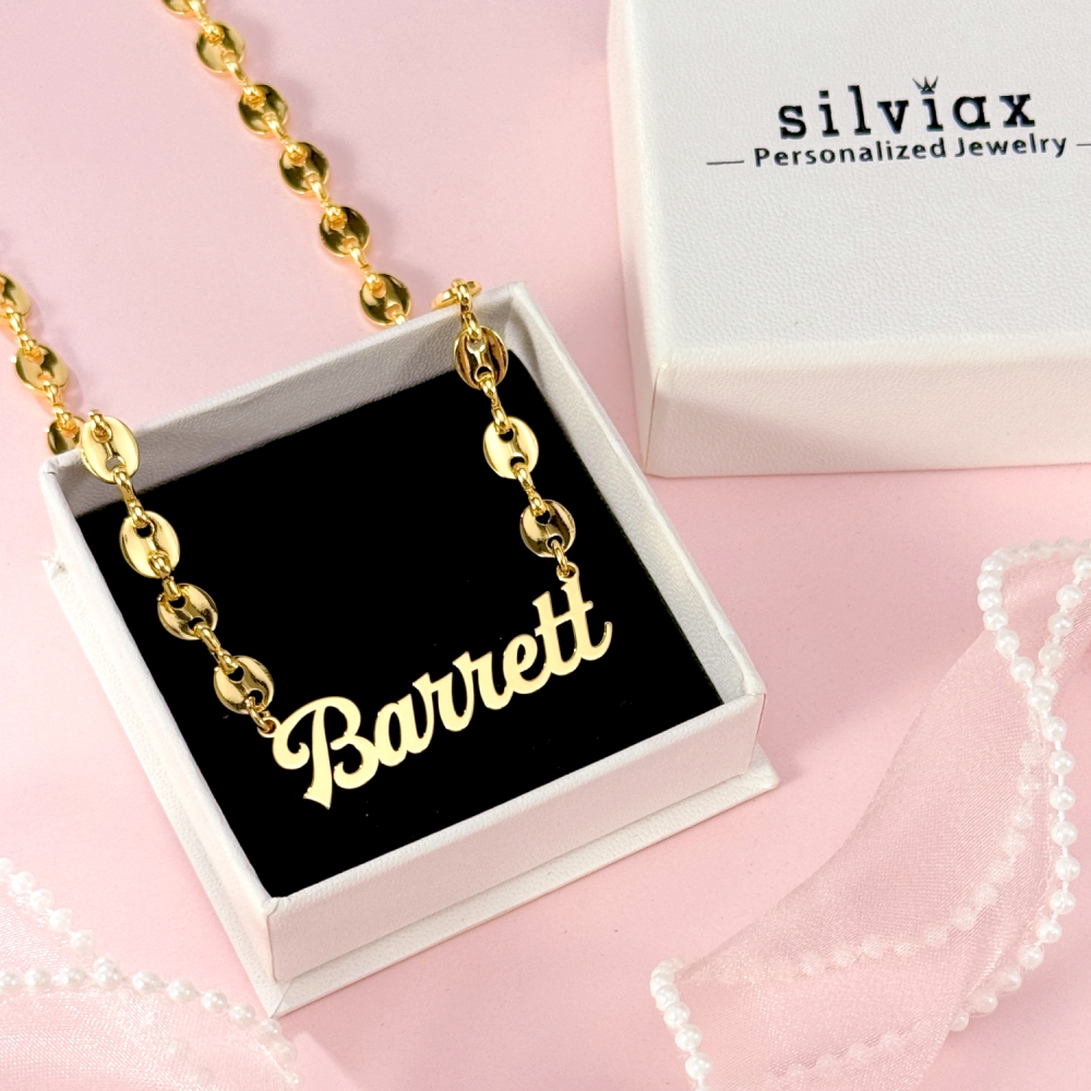 Puffed Mariner Chain Gold Plated Custom Nameplate Neckalace