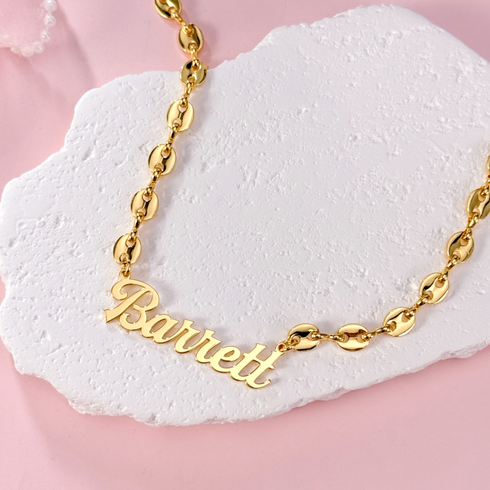 Puffed Mariner Chain Gold Plated Custom Nameplate Neckalace