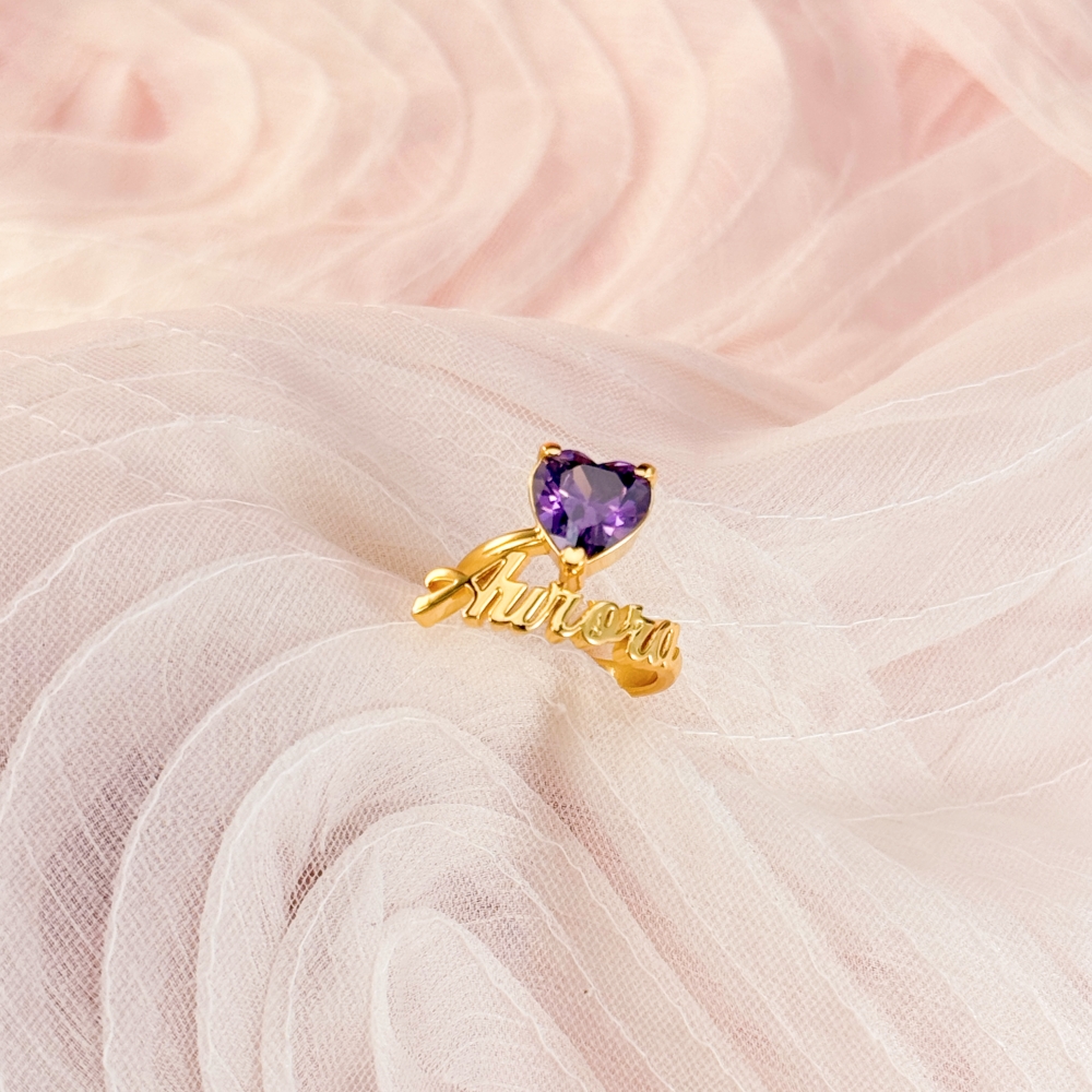 Heart Birthstone Personalized Custom Gold Plated Name Ring Mother Gift