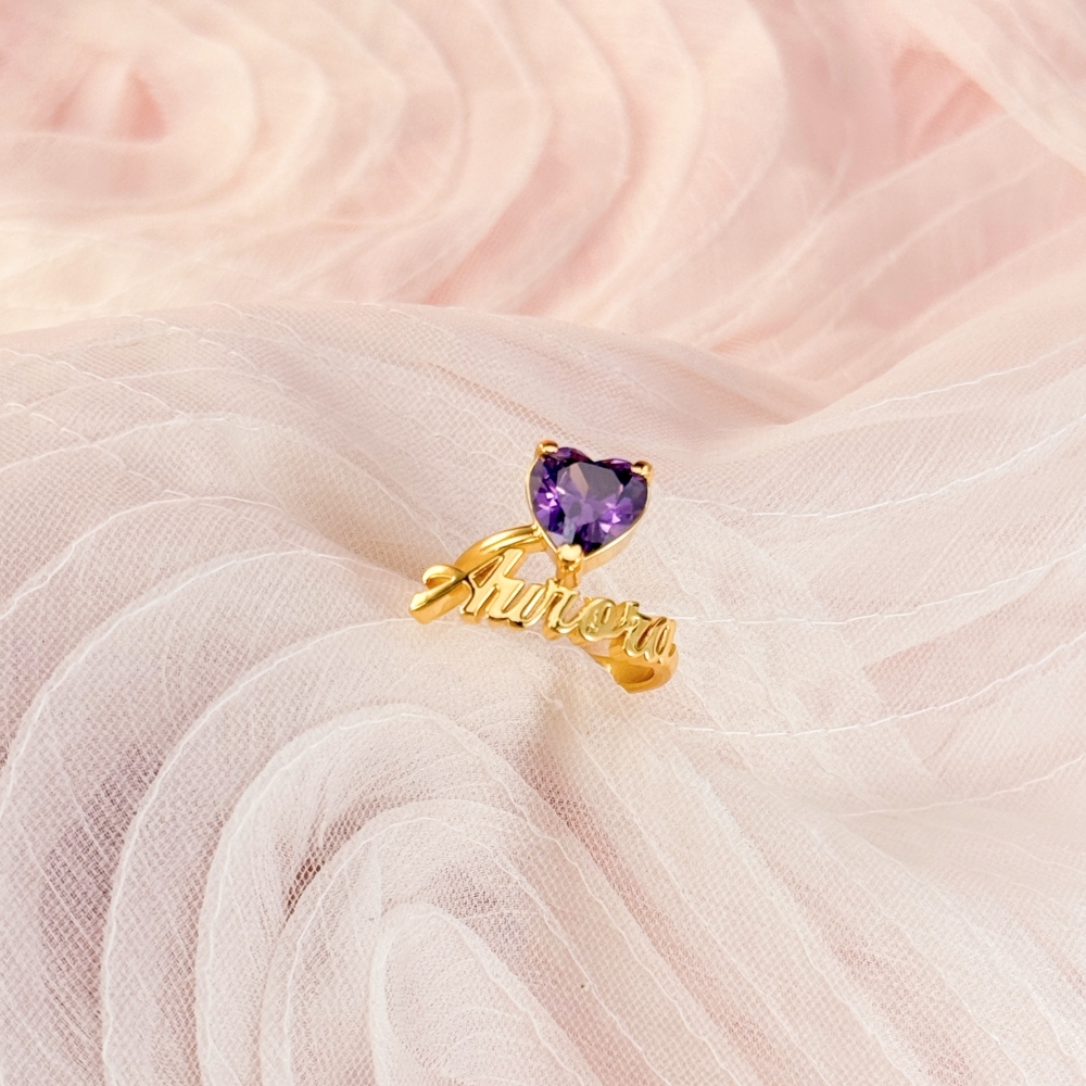 Heart Birthstone Personalized Custom Gold Plated Name Ring Mother Gift