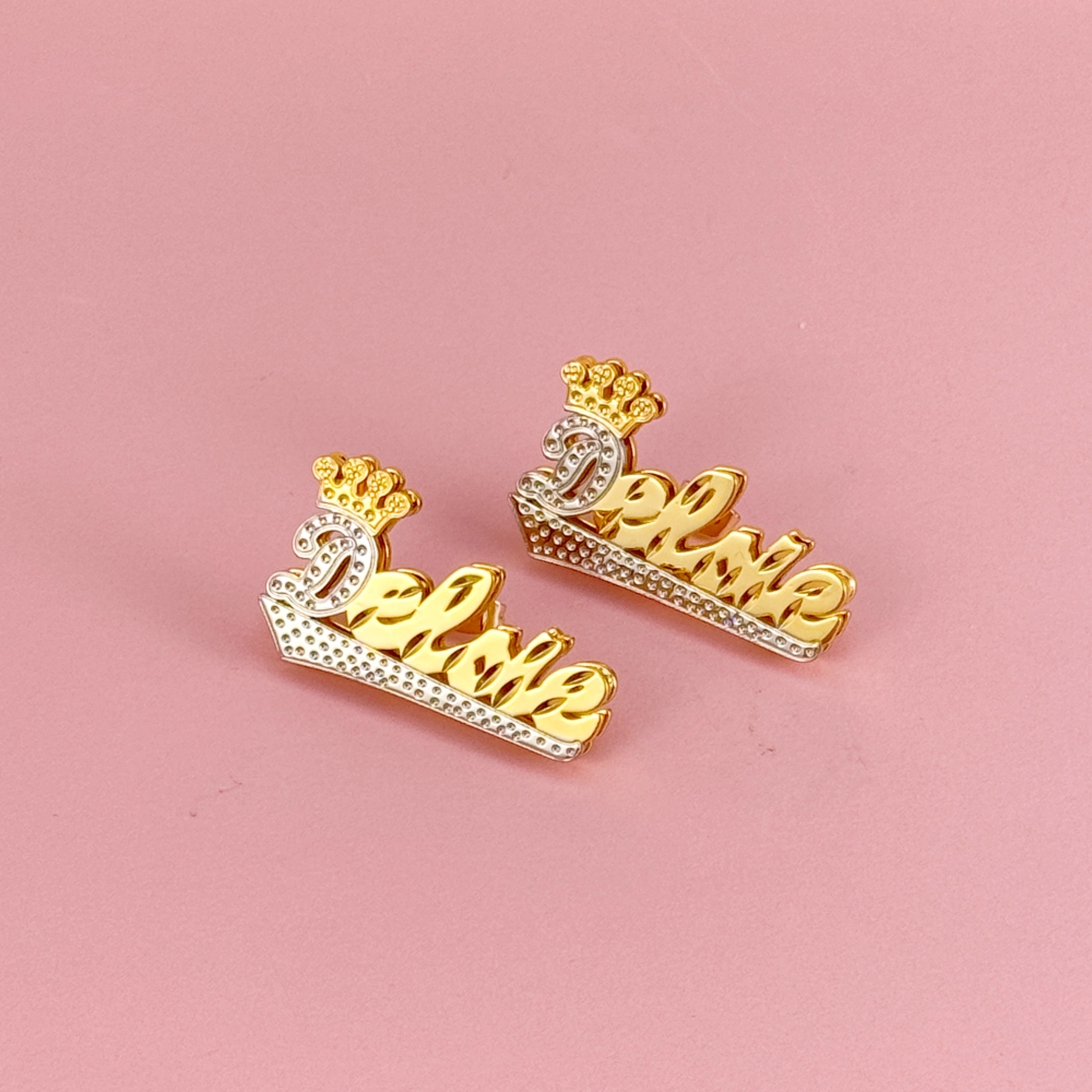 Double Layer Two Tone Crown and Underline Custom Name Stud Earrings