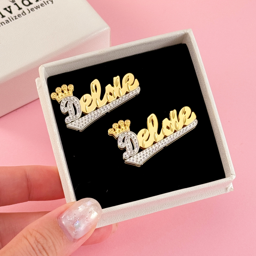 Double Layer Two Tone Crown and Underline Custom Name Stud Earrings
