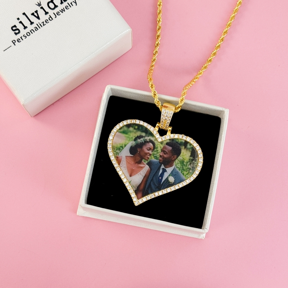 Zirconia Heart Pendant Photo Necklace Gold Plated