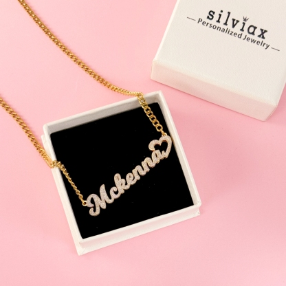 Shiny Bling Double Plate Heart Name Necklace Custom Name Necklace