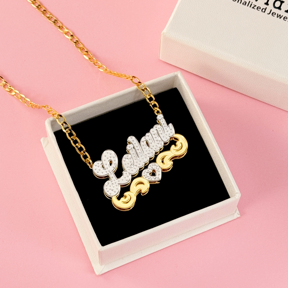 Double Layer Two Tone 3D Nameplate with Heart Personalized Gold Plated Name Necklace