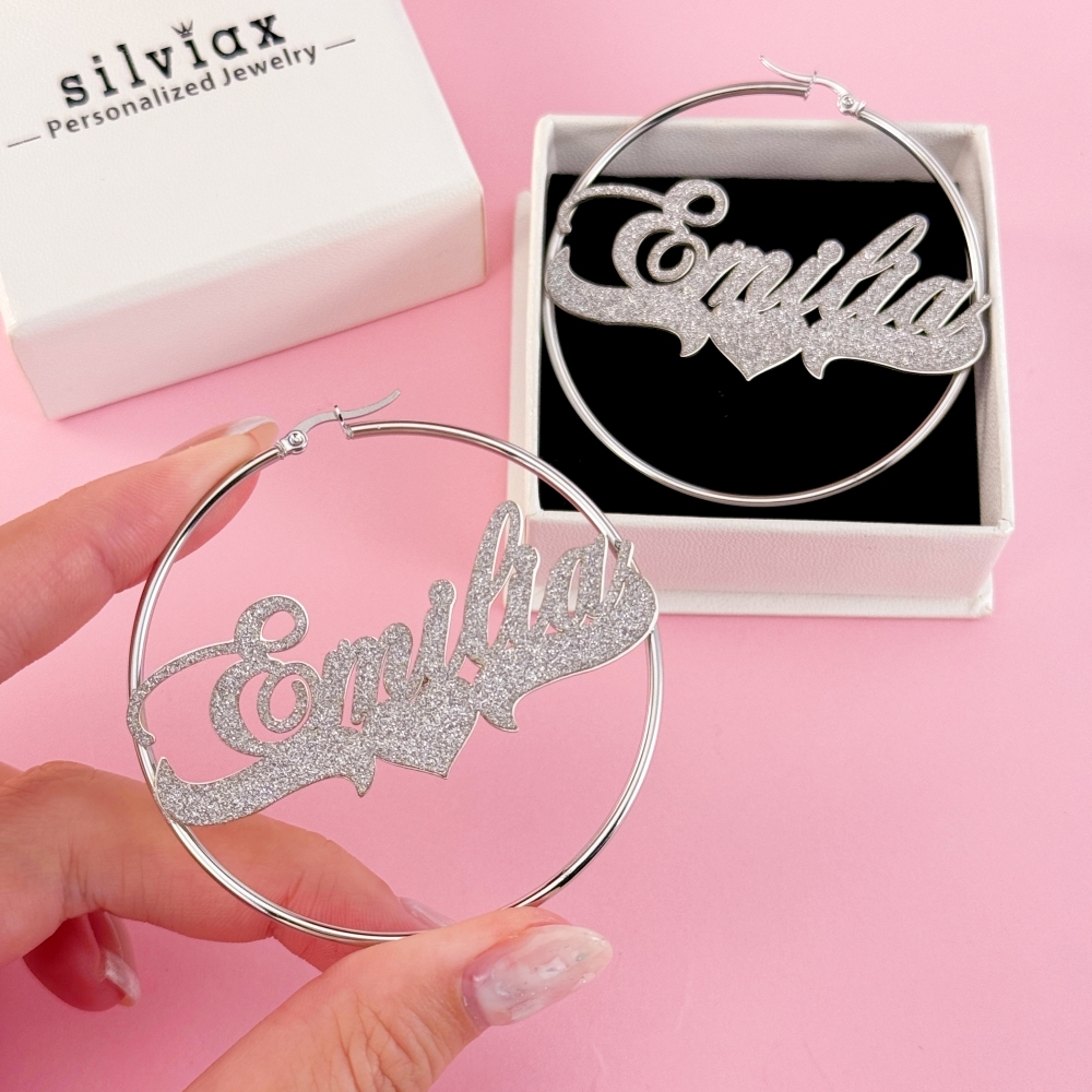 Bling Bling Hoop Earrings with Heart Personalized Gold Plated Name Earrings