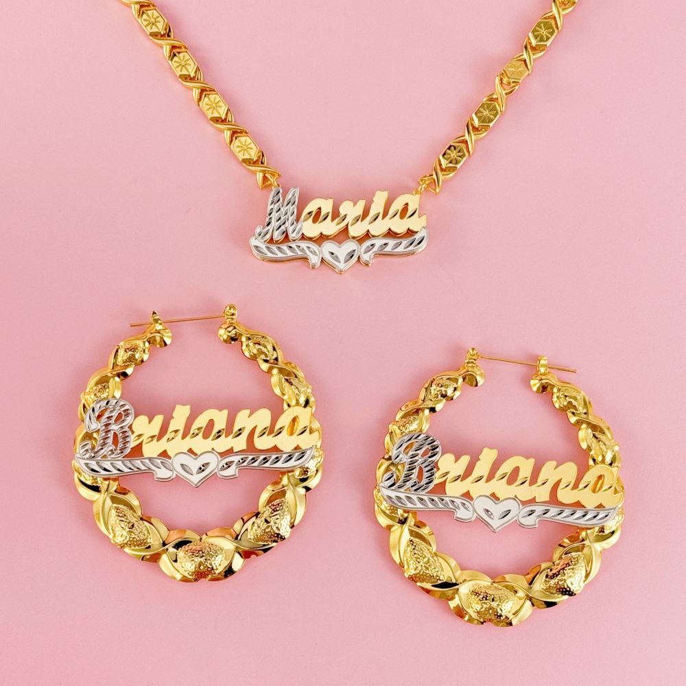 Two Tone Personalized Custom Gold Plated Double Layer XOXO Chain Name Necklace and XOXO Bamboo Name Earrings Set
