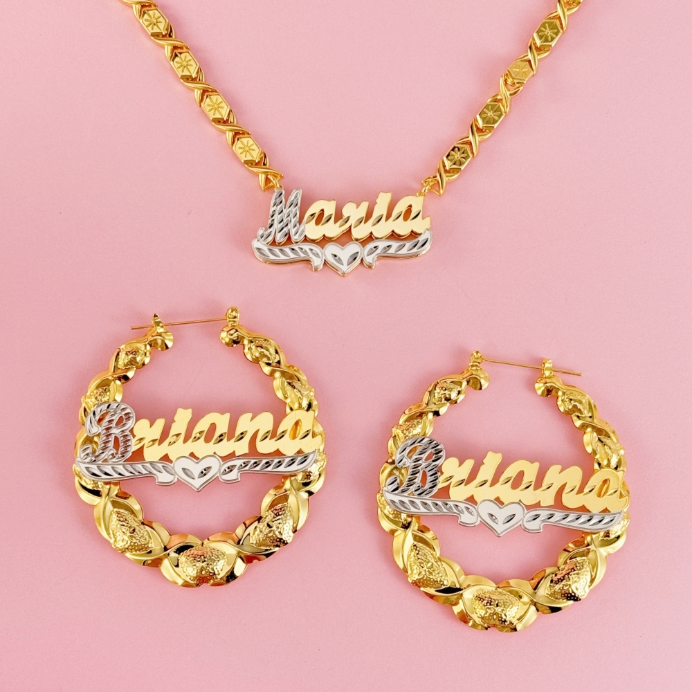 Two Tone Personalized Custom Gold Plated Double Layer XOXO Chain Name Necklace and XOXO Bamboo Name Earrings Set