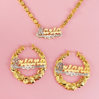 Two Tone Personalized Custom Gold Plated Double Layer XOXO Chain Name Necklace and XOXO Bamboo Name Earrings Set