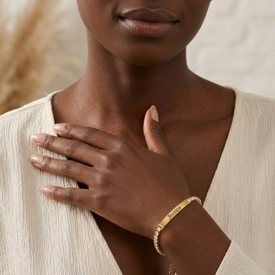 Engraved Name Bar Bracelet with Tennis Chain