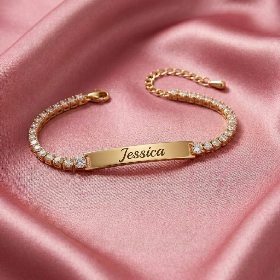 Engraved Name Bar Bracelet with Tennis Chain