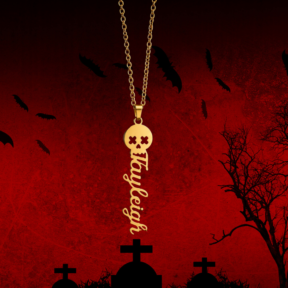 Halloween Vertical Personalized Skull Name Necklace